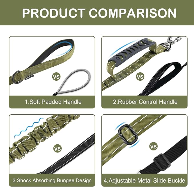 Tactical Dog Leash Heavy Duty, 4-6FT Shock Absorbing Bungee Dog Leash, Reflective Military Strong No Pull Dog Leash with 2 Padded Handle and Car Seatbelt for Medium Large Dogs, Army Green