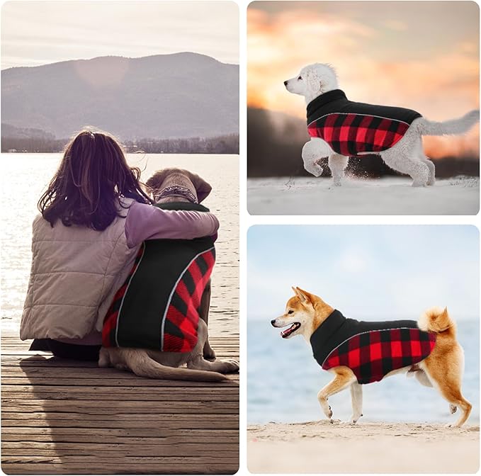 Kuoser Dog Winter Coat, Reversible Waterproof Dog Jacket with Leash Hole, Warm Dogs Fleece Vest Adjustable Doggy Cold Weather Clothes Plaid Christmas Outfit Pet Apparel for Extra Large Dogs, Red 3XL