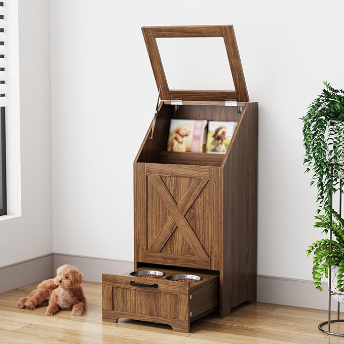 Dog Feeding Station,Dog Food Storage Cabinet,Pet Feeding Station with 2 Elevated Bowls,Hidden Pet Feeder Station with Hooks,Flip Top Pet Storage Organizer for Water,Feeding (Walnut)