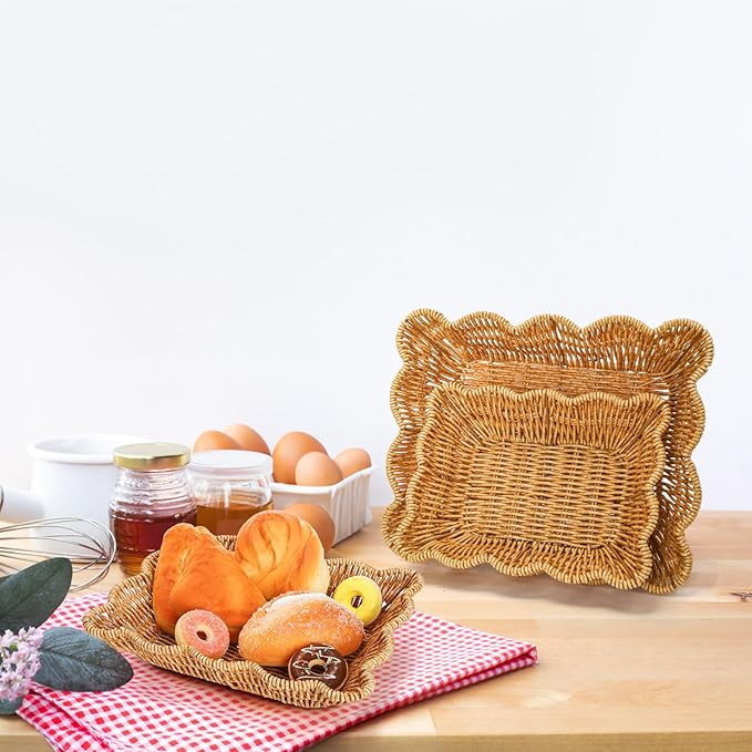 Jucoan 3 Pack Poly Wicker Bread Baskets, Imitation Rattan Fruit Baskets, Rectangular Tabletop Woven Serving Baskets Trays for Fruits Vegetables and Snacks, Restaurant Hotel Kitchen