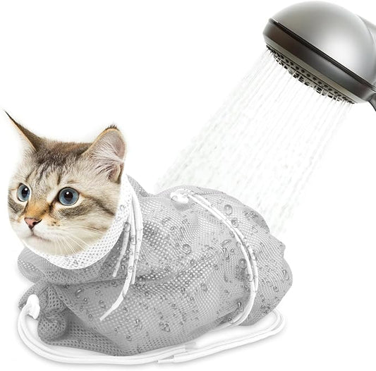 Cat Bathing Bag, Breathable Mesh Cat Shower Bag Anti Scratch Adjustable Grooming Bag for Nail Trimming Polyester Soft Washing Bag