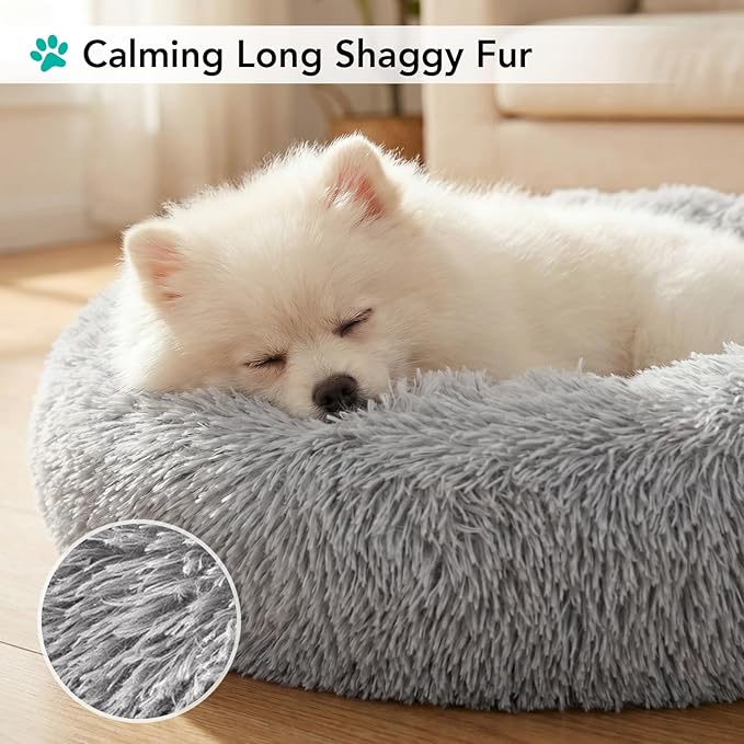 PetAmi Calming Dog Bed for Small & Medium Dogs and Cats, 30 Round Donut Dog Bed, Washable Fluffy Faux Fur Puppy & Cat Bed, Anti-Anxiety Plush Cuddler Pet Bed with Anti-Slip Bottom - Light Gray