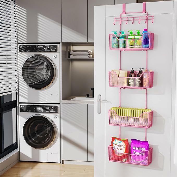 HapiRm Over Door Organizer Storage - Hanging Door Organizer with 4 Metal Large Capacity Baskets and Adjustable Coat Hook for Bathroom Bedroom Kitchen Pantry Closet Cabinet
