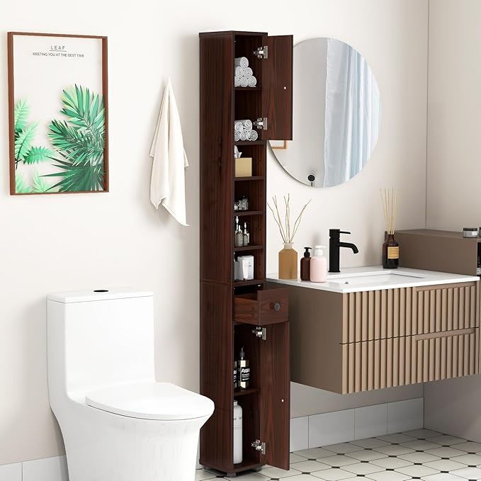 SIMOE Slim Bathroom Tall Cabinet - Freestanding Floor Storage Organizer with 2 Doors, 1 Drawer & 5 Adjustable Shelves, Hardwood Narrow Linen Tower for Small Spaces, 8"x8"x71"