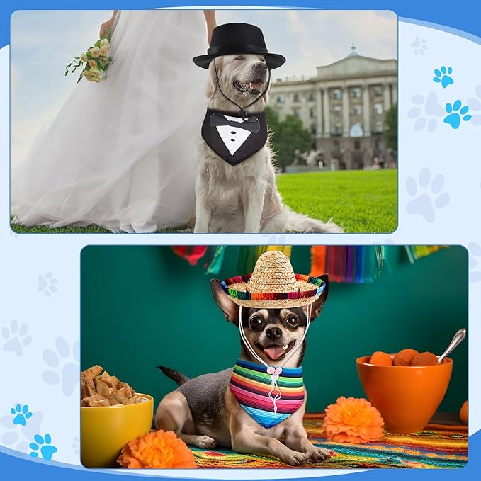 Eccliy 4 Sets Dog Costume Outfit Pirate Dog Hat Formal Tuxedo Bandana Collar Pet Cowboy Hat Mexican Sombrero Hats for Fiesta Halloween Wedding Outfit Accessories Photo Prop Party Supplies