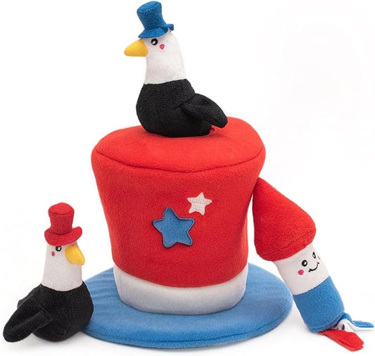 ZippyPaws Americana Top Hat Burrow - Patriotic Interactive Dog Toys for Boredom, Hide & Seek Dog Gifts & Puppy Toys, Colorful Squeaky Pearl Harbor Day Dog Toys for Small & Medium Dogs