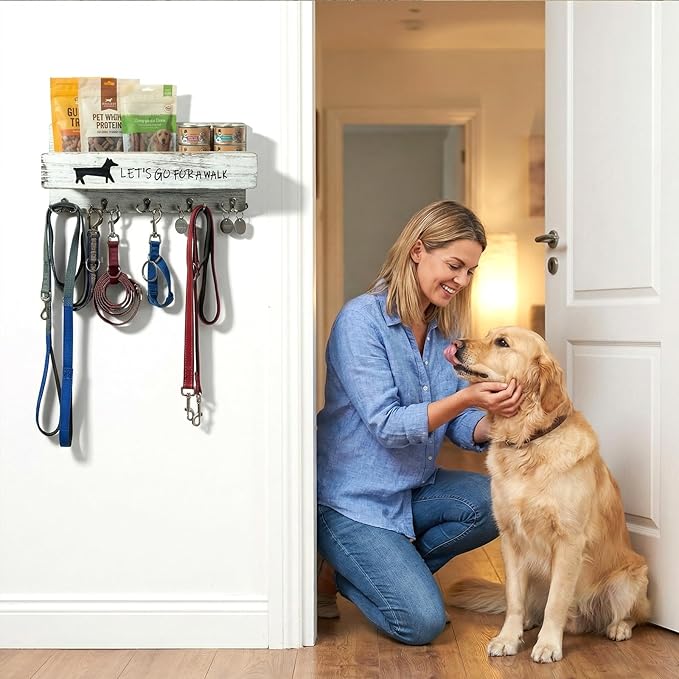 Wood Dog Leash Holder for Wall, Key Hangers with 5 Double Key Hooks, Dog Leash Hanger Wall Mounted for Entryway, Farmhouse Treats,35cm,White