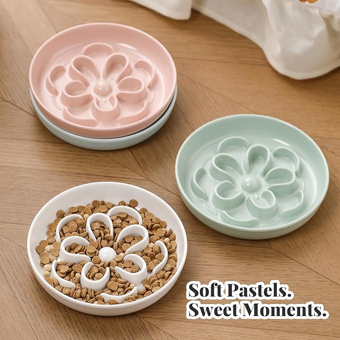 Melamine Cat Slow Feeder Bowl Set - Floral Maze Food Dishes for Cats and Small Dogs - Shallow Wide Plates for Dry & Wet Food - 3 Pack - Green & Blue & Pink