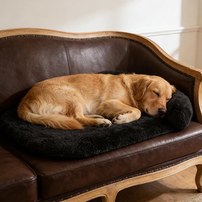 Calming Dog Beds for Medium Large Dogs, Orthopedic Cushion Plush Dogs Lounge Couch Sofa with Washable Removable Cover, Anti-Anxiety Soft Faux Fur Fits up to 40 lbs Pets (Oval, Black 32"x24")
