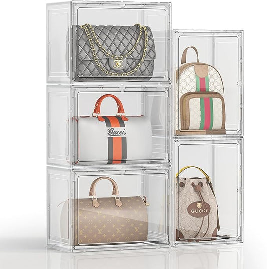 5 Pack Purse Organizer for Closet, Handbag Storage Organizer Stackable Display Case with Magnetic Door, Closet Storage Bins for Handbag, Purse, Backpack, Collectibles, White