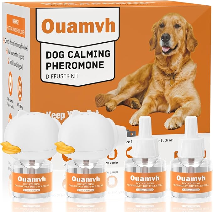 Dog Pheromone Calming Diffuser:Relaxing Solution for Stress and Anxiety in Dogs, Reducing Scratching and Barking Behaviors in Puppies, Medium, and Large-Sized Dogs 2 Diffuser 4 Refill