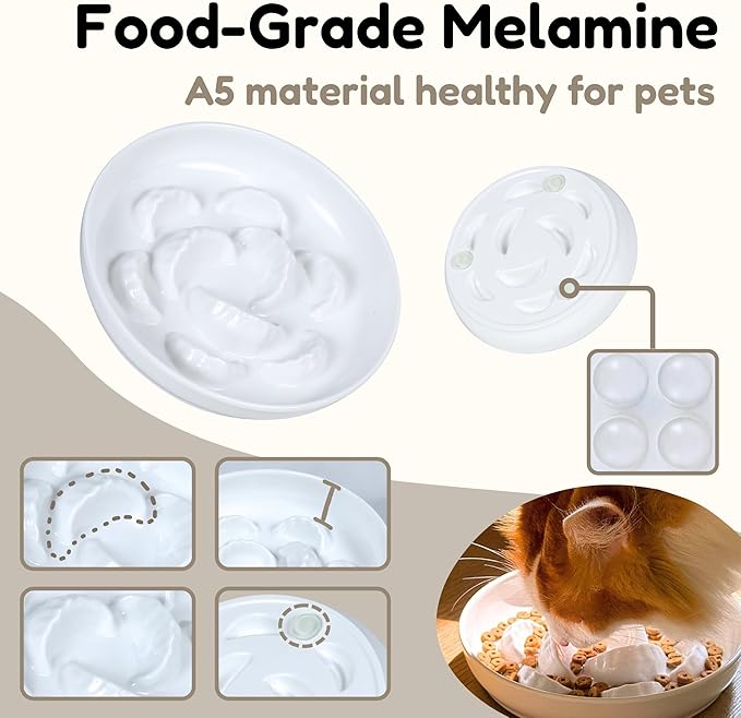 Melamine Cat Slow Feeder Bowl for Dry & Wet Food - Unbreakable Cat Food Plates for Slow Eating - Cute Puzzle Feeder - Whisker Friendly & Dishwasher Safe & Non SlipDesign - （White, 6.3" W*1.7H）