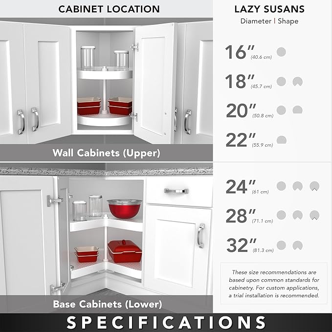 Rev-A-Shelf 18 Inch Dual Full-Circle Lazy Susan Organizer for Upper Corner Kitchen Cabinets, Plastic Home Storage 2 Tier Shelves, White, 6012-18-11-52