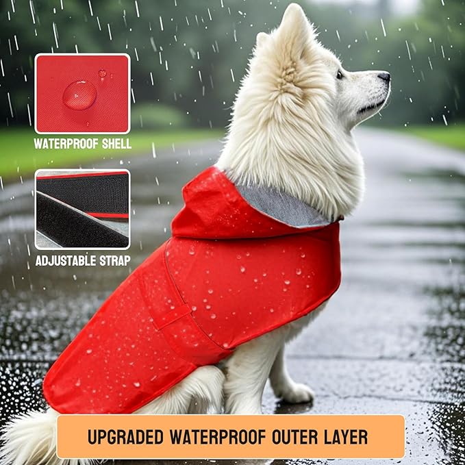 Dog Raincoat Dog Rain Jacket Poncho Waterproof Snowproof Pet Rain Suit Puppy Small Medium Dogs Lined Warm Lining Hooded Leash Hole Adjustable,Red,M