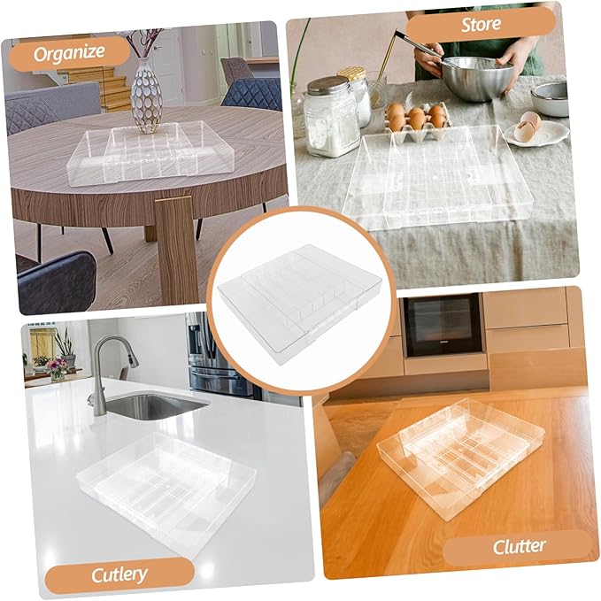 Cabilock Expandable Cutlery Tray Acrylic Silverware Organizer Lid Drawer Dividers for Kitchen Silverware Organizer Box