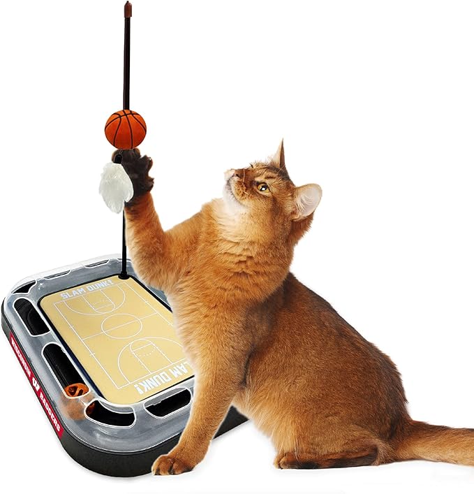 NCAA WISCONSIN Badgers Basketball Court Reversible Felt/Cardboard Cat Scratcher Toy with Interactive Cat Ball Bell Tracker - 6-in-1: Wand, Catnip-Filled Plush Basketball