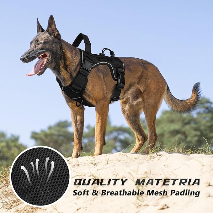 WINGOIN Black Tactical Dog Harness for Medium Dogs, Heavy Duty No Pull Dog Harness with Handle, Adjustable Reflective Military K9 Pet Vest for Pitbull, Female, Male, Walking, Training, Hunting (M)