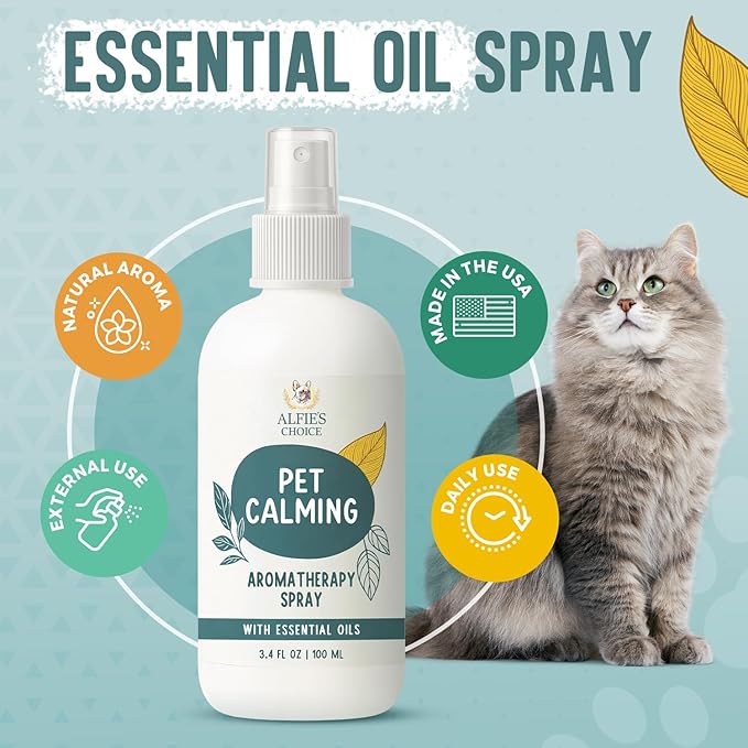 ALFIE'S CHOICE Pet Calming Aromatherapy Spray for Dogs |3.4 fl oz Travel Size | Lavender & Valerian Aromatherapy Mist | for Crate, Car & Vet Visit Comfort | Made in USA