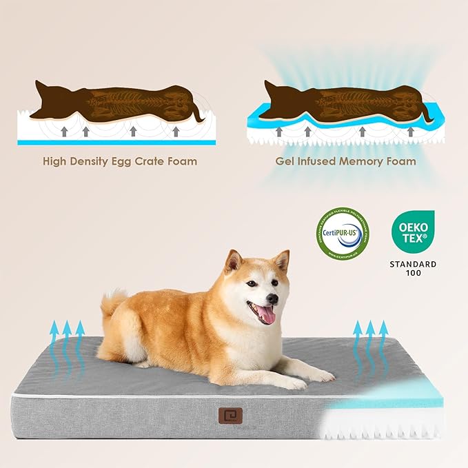 EHEYCIGA Memory Foam Dog Bed Orthopedic 47"x29"，Waterproof Pet Bed for XXLarge Dog Bed ，Washable Pet Mat with Removable Cover, Grey