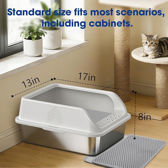 Stainless Steel Litter Box with Lid, Kitten Metal Cat Litter Boxes High Sided Enclosed for Small Cat and Injured Cats Rabbit, Anti-Urine Leakage | Non-Stick Bottom & Includes Scoop