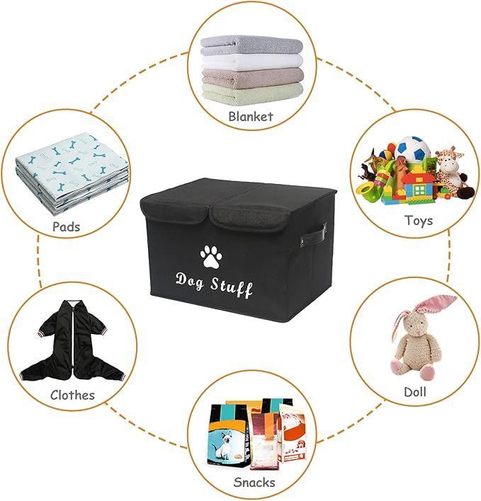 Geyecete Large Storage Boxes - Large Linen Fabric Foldable Storage Cubes Bin Box Containers with Lid and Handles for Dog Apparel & Accessories, Dog Toys(Black)