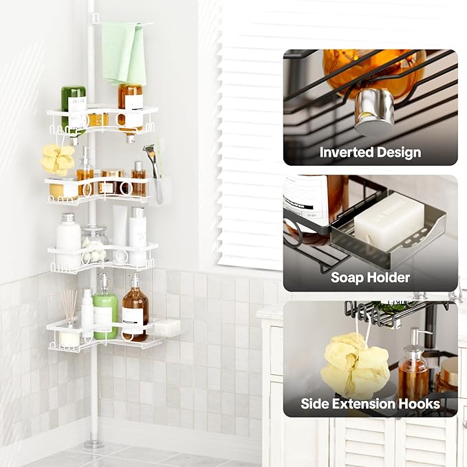 Corner Shower Caddy Tension Pole, 4 Tier Rustproof Shower Tension Rod Organizer with Soap Holder & Hooks, Adjustable 30-121 Inch Bathroom Shelf for Renters - Family Stand Storage Rack, White