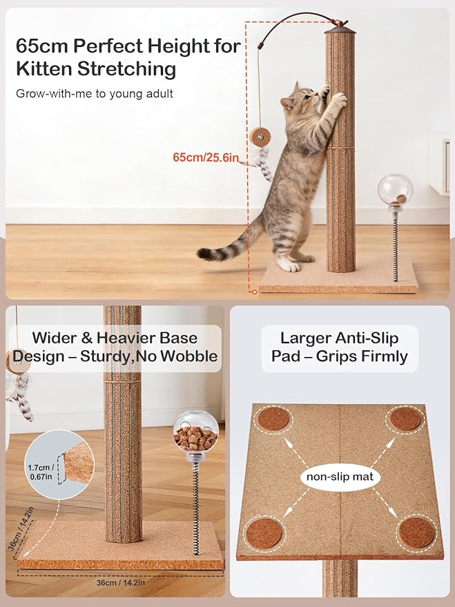 Kitten Claw Friendly Scratching Post Cork & Cardboard Mix Indoor 26" Premium Durable Nature Kittens Scratch Post Tree with Snack Ball & Feather Interactive Toys for Novice Cat Owner