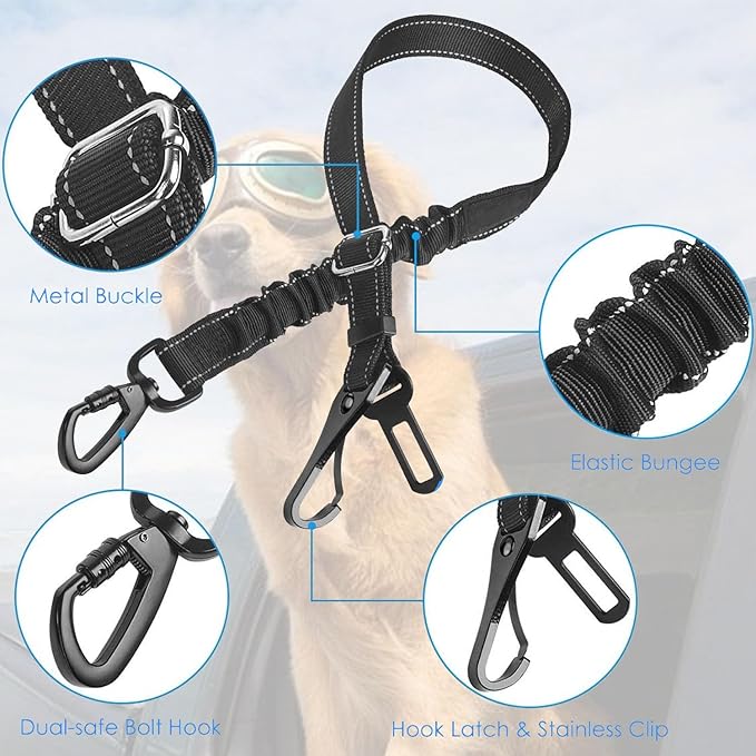 2 Pack Black Dog Seat Belt, Adjustable Dog Car Safety Belt with Reflective Bungee, Rotatable Carabiner, Suitable for Medium to Large Dogs Up to 150 lbs