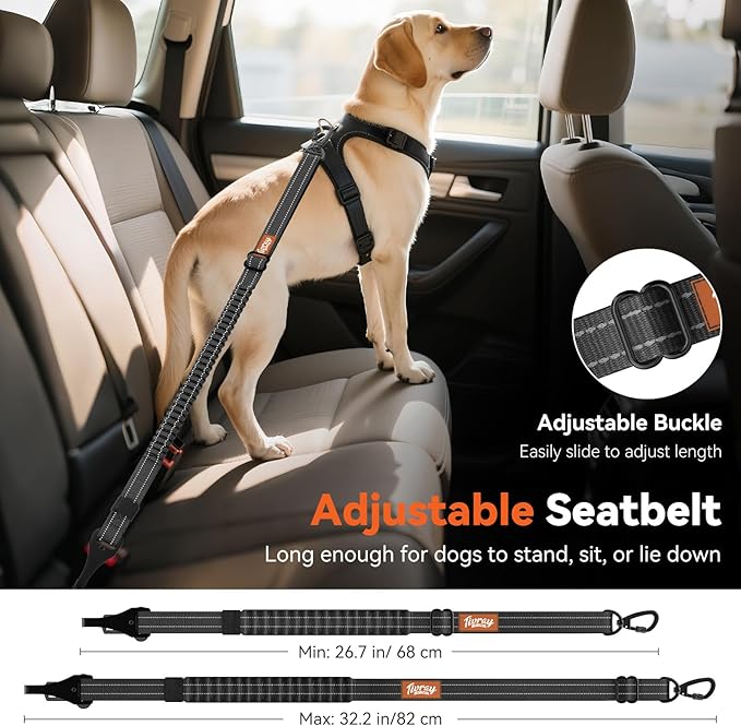 2Pcs Dog Seat Belt, Dog Car Seat Belt Bungee, Car Harness for Pet with Buckle & Hook Latch, Safety Leash Vehicle, Adjustable Reflective Pet Vehicle Tether, 360° Swivel Lock Clasp, Gray & Black