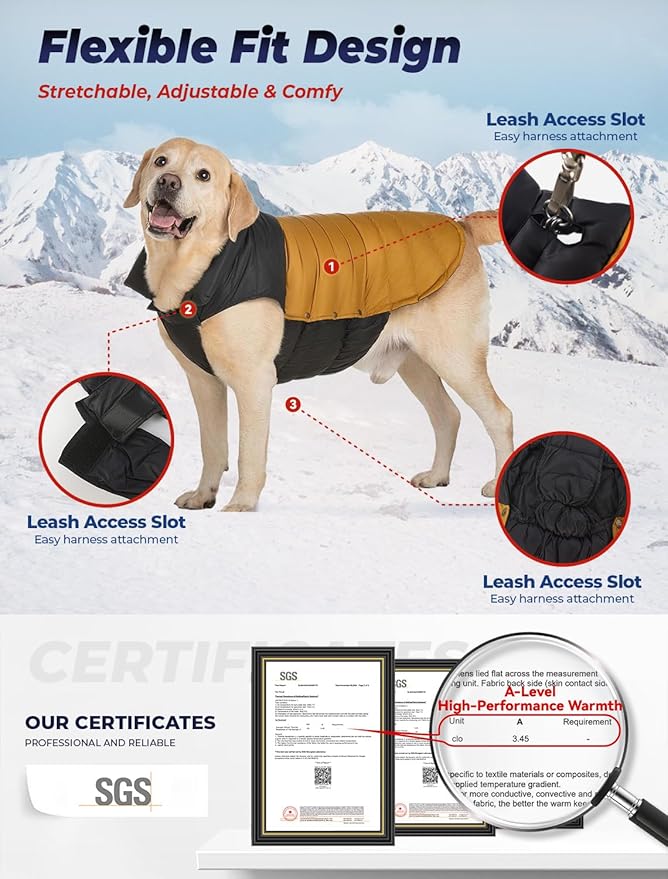 SPACE LION Dog Puffer Jacket, Down Winter Coat, Durable Outdoor Coat for Cold and Windy Conditions, Lightweight & Adjustable Fit Coats for Large Dogs, (BlackKhaki, Size28/4XL)