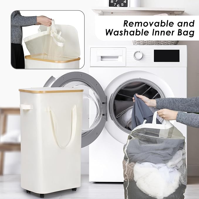WELTRXE Laundry Basket with Wheels, 110L Large Clothes Hamper for Laundry, Collapsible & Waterproof Laundry Hamper with Lid and Removable Inner Bag, for Laundry Room, Bedroom, Dormitory Storage, Beige