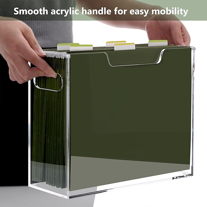DINGHUO Hanging File Box, Letter Size Acrylic Hanging File Organizer, Clear Portable File Storage Box with Handle, File Folder Holder for Desk Home Office School -1 Pack