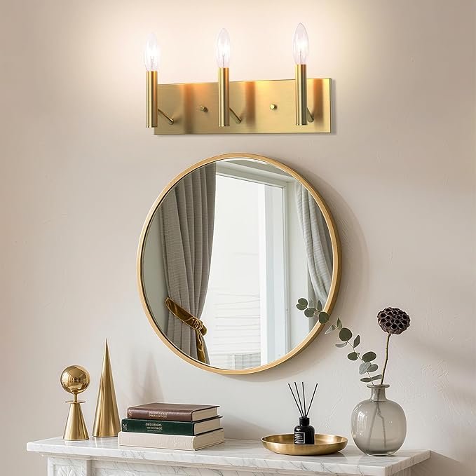 Kalium Bathroom Light Vanity Fixtures Over Mirror, 3-Lights Modern Brushed Gold Wall Sconces, Minimalist Wall Lights for Livingroom Bedroom Entryway Hallway Staircase, E12 Base(Bulbs Not Included)