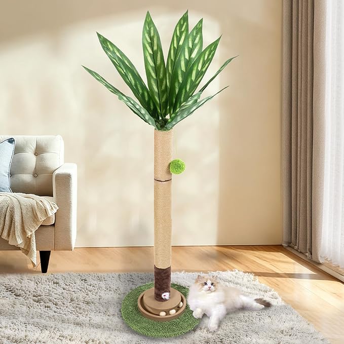 Cat Scratching Post, 35 Inch Tall Cat Scratcher Cat Tree Tower with Hanging Ball for Indoor Cats Adults,Sisal Rope Kitten Scratch with Interactive Mouse Cat Toy (41in, Peacock Plant Leaves)