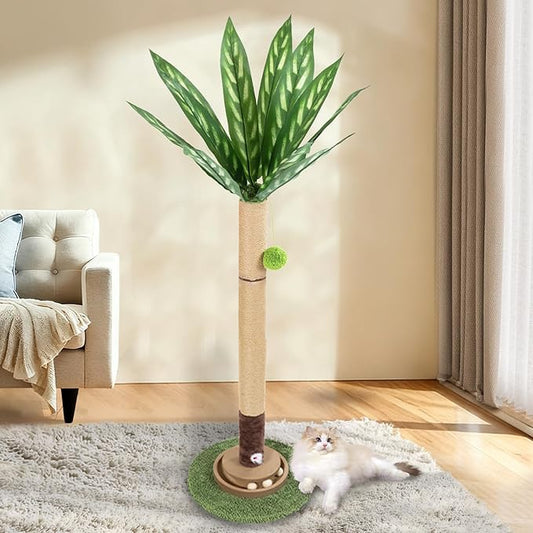 Cat Scratching Post, 35 Inch Tall Cat Scratcher Cat Tree Tower with Hanging Ball for Indoor Cats Adults,Sisal Rope Kitten Scratch with Interactive Mouse Cat Toy (41in, Peacock Plant Leaves)