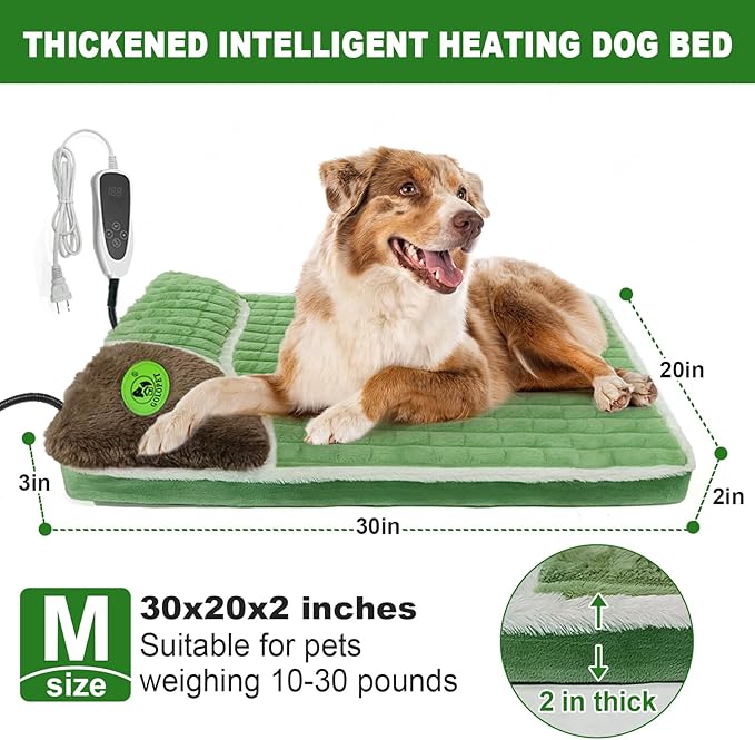 Heated Dog Bed 32x20x2 in,Equipped with MET/UL Dual Certified Heating Pad and Intelligent Controller,Thickened Memory Sponge+100% Plush Heated Pet Bed,Indoor Puppy Bed with Side Pillows