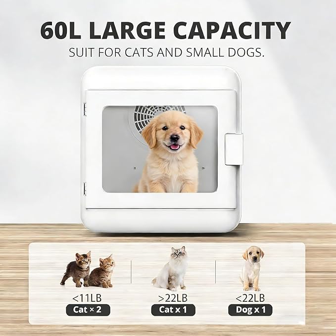 Simple Deluxe 60L Automatic Pet Dryer Box, 40dB Low Noise 360°Circulating Air Dryer for Cats and Small Dogs, Professional Fast Drying Blower with Smart Control Panel