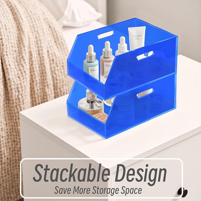 Gelite Stackable Storage Bins Open Front Organizer Bins with Handles Acrylic Storage Container for Pantry Kitchen Cabinet Bathroom Closet Office Organization, 15.4x11.4x6.7'', Navy Blue