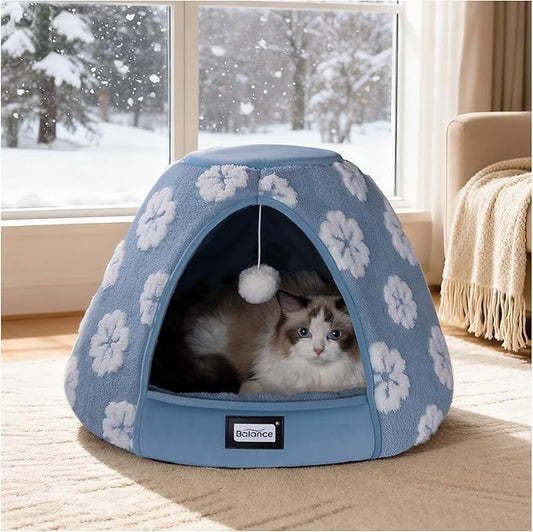 BALANCE Cat Beds for Indoor Cats, 2-in-1 Cat Bed Cave with Anti-Slip Bottom and Ultra-Soft Plush, Cozy Cats House Tent for Kittens and Small Dogs, 21 Inches, Blue