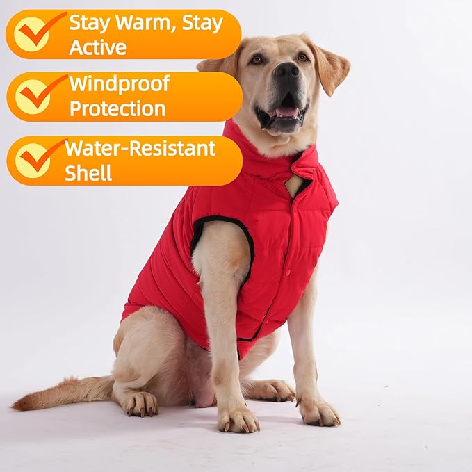 LovinPet Reversible Dog Puffer Coat for Medium & Large Dogs, Down‑Insulated Winter Jacket, Water‑Resistant & Wind‑Resistant, Anti‑Static, Dual-Sided Black & Red for Cold Weather,3XL