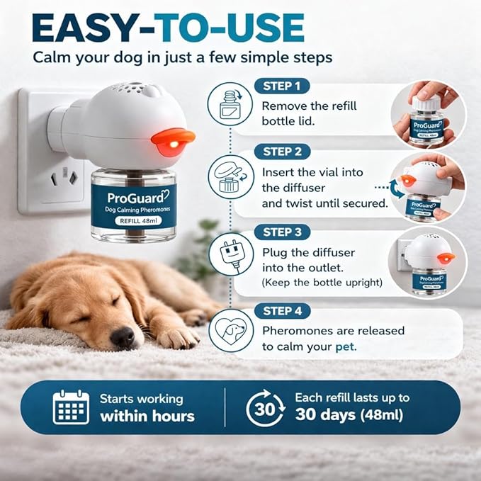 ProGuard Dog Pheromones Calming Diffuser Kit Appeasing Pheromone Diffuser to Calm (3 Plug in+ 6 Pack 48ml Refill) for Anxiety Relieve Relief Reduce Aggression Fighting Barking Stress 180 Day Supply