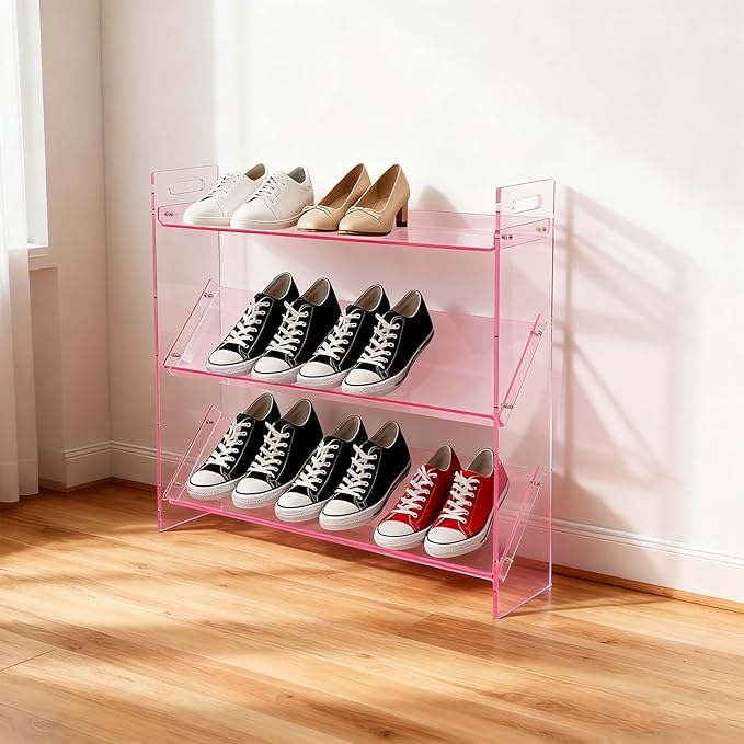 3-Tier Acrylic Shoe Rack, Shoe Organizer for Entryway Closet, Sturdy Display Shelf for Sneakers Boots, Space-Saving Storage Solution, 27.6" x 6.7" x 27.2" (Pink)