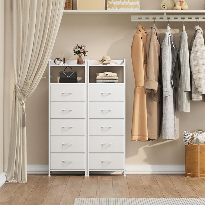 Somdot White Tall Night Stand for Bedroom,Tall 5 Drawers Dresser, Vertical Storage Tower Unit, Nightstand Furniture with Fabric Drawer Organizer in Bedside Kids Dorm Room Closet Laundry Entryway