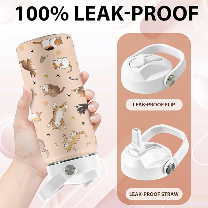 Cat Lover Gifts for Boys Girls, 16 oz Stainless Steel Insulated Water Bottle with Straw Lid, Cats Water Bottle for Cat Lovers, Cute Cat Tumbler for Birthday Christmas (1pcs)