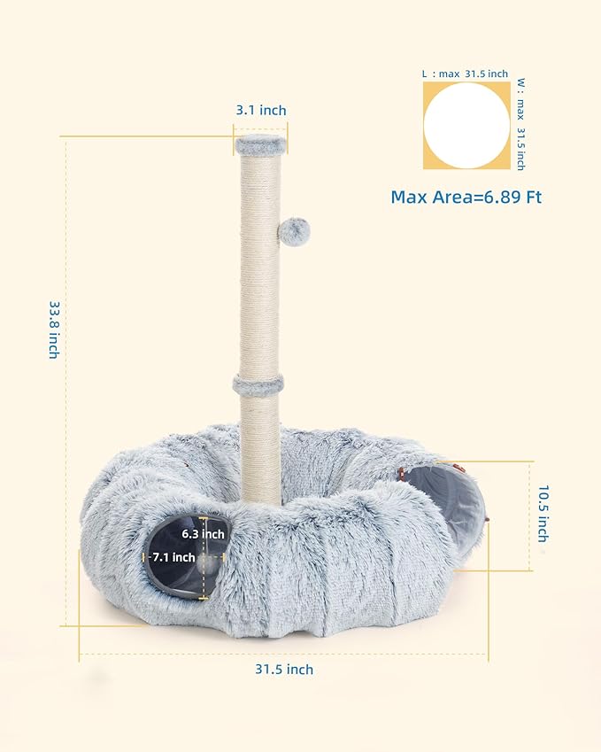3-in-1 Cat Tunnel Bed, 34'' Tall Cat Scratching Post for Indoor Cats, Fluffy Peekaboo Donut Hideout Toy for Pets, Rabbit, Ferret