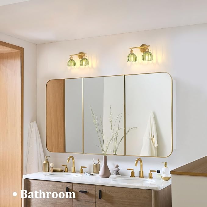 Bathroom Light Fixtures, 2-Light Brass Vanity Wall Light Over Mirror with Green Tulip Glass Shade for Bedroom Living Room (Bulb Not Included)