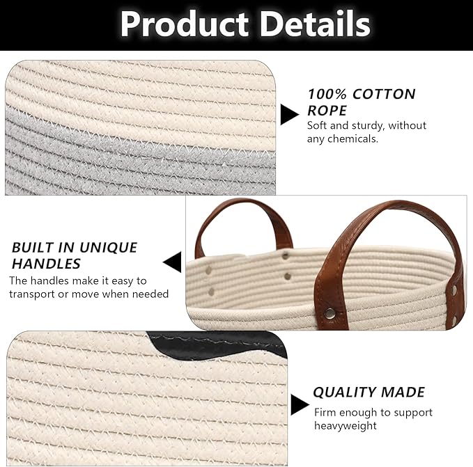 Cotton rope dog toy basket, puppy bins, laundry basket blanket storage bin - Perfect for organizing pet toys, blankets, leashes White Gray
