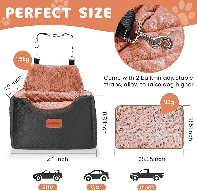 Memory Foam Booster Dog Car Seat with Washable Removable Cover, Elevated Pet Car Seat, Anti-Slip Sturdy Booster Seats for Small Dogs 35lbs, Seat Belt, Storage Pocket, Dog Blankets