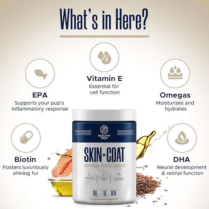 Dog Fish Oil Supplements - 180 Delicious Chew Treats - Omega 3 Rich Salmon Oil, EPA, DHA, Biotin, and Vitamin E for Healthier, Shinier, Skin, Coat and Fur, Helps Skin Allergies