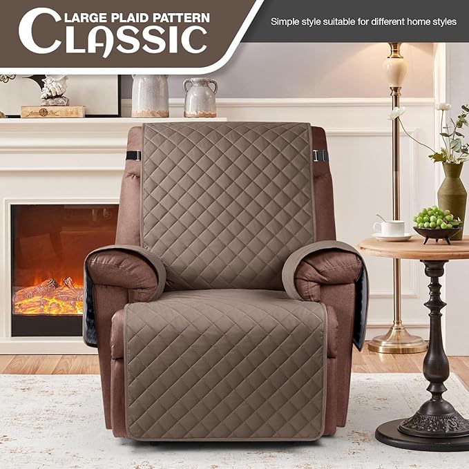KinCam 100% Waterproof Recliner Chair Cover, Reclining Couch Covers for Pets, Dogs, Recliner Couch Slipcover Furniture Protector with Elastic Straps for Kids(30", Brown)